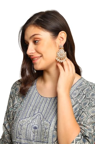 Bindhani Indian Bollywood Style White Stones Pearl Drops Chandbali Earrings For Women3
