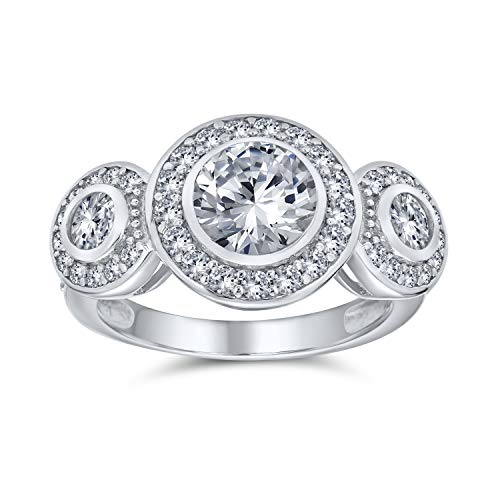 Bling Jewelry Personalized Art Deco Vintage Style Past Present Future Three Stone Circlet Halo AAA Cubic Zirconia Round Solitaire Engagement Ring Set Rose Gold .925 Sterling Silver Customizable