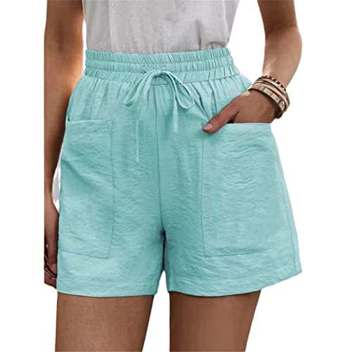 Short en coton et lin taille haute élastique short large femme cyan L