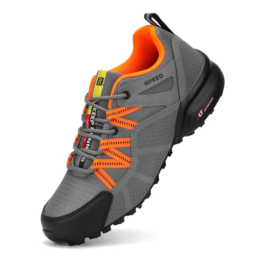 VENROXX Trail Running Shoes Men's Trail Running Shoes Hiking Shoes Breathable Lightweight Running Shoes Sports Shoes Non-Slip Outdoor Trekking Shoes, Grey & Orange, 8 UK