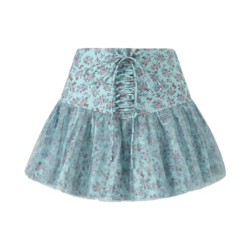 HOXIJIA Women Y2K Floral Print Mini Skirt Cute Bow Tie Front Mesh Sheer Short Skirt Casual Pleated Ruffle Hem Bubble Skirt4
