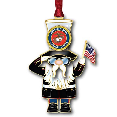 Beacon Design U.S. Marine Corps Gnome Hanging Ornament, Solid Brass, 3.62" x 2.47", Patriotic Military Décor, Hand-Assembled in USA