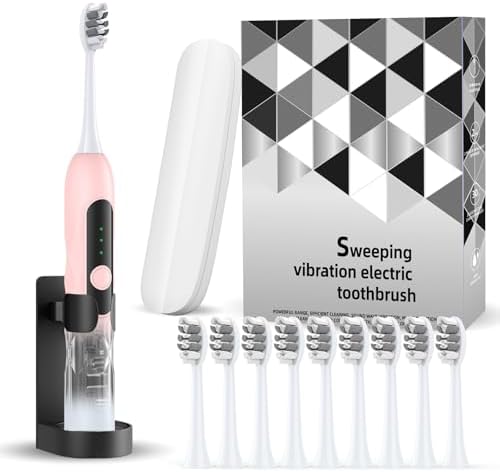 Oscillation&Vibration Sonic Electric Toothbrush for Adults with 10 Brush Heads for Travel & Teeth Care, 48000VPM Motor 5 Cleaning Modes 2 Min Timer (Pink)