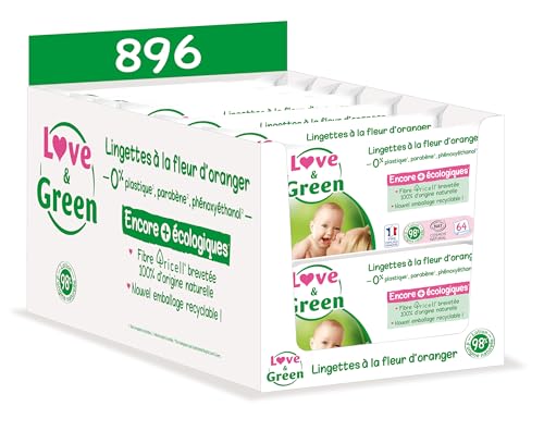 LOVE & GREEN - Lingettes Saines et Ecologiques à la Fleur d'Oranger - Fibres 100% d'Origine Naturelle - SANS Plastique -Testées sous contrôle dermatologique...