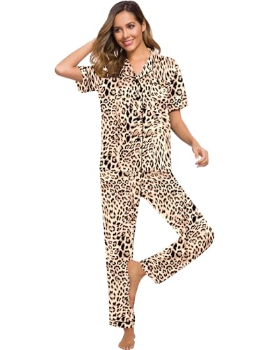 Image of SWOMOG Women Satin Pajamas Set Short Sleeve Top & Pants Sleepwear Silky Button Down Nightwear 2pcs Loungewear Pjs Set Brown Leopard Large