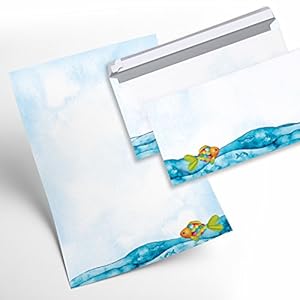 Briefpapierset kinderen 12 vellen + 10 enveloppen vis regenboogvis blauw turquoise bont voor uitnodigingen…
