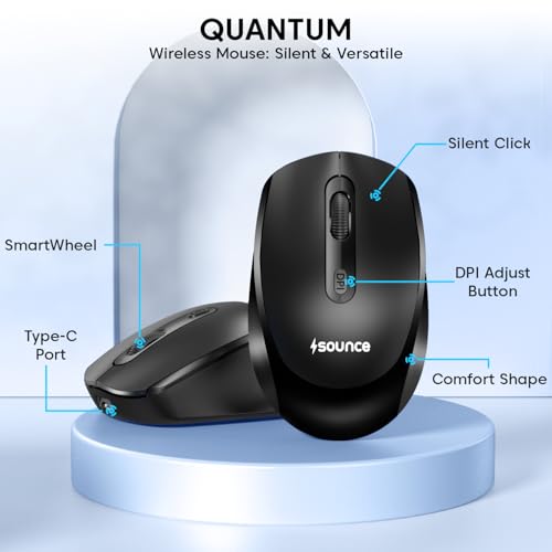 Image of Sounce Quantum Wireless Mouse 800 /1200 /1600 DPI with 500 mAh Rechargeable Battery, Silent Click Buttons, 2.4GHz USB Nano Receiver, Ergonomic Compact Design for Laptop, PC & Office Use (Black)