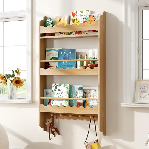 Image of Treocho Kids Bookshelf, Wall Mounted 3-Tier Book Shelf, Kids Bookshelf and Toy Storage for Bedroom, Living Room and Nursery, Natural