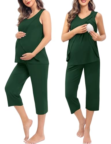 Image of SWOMOG Women Maternity Pajama Set Nursing Pjs Double Layer Sleeveless Top Capri Pregnancy Set Breastfeeding Pjs with Pockets