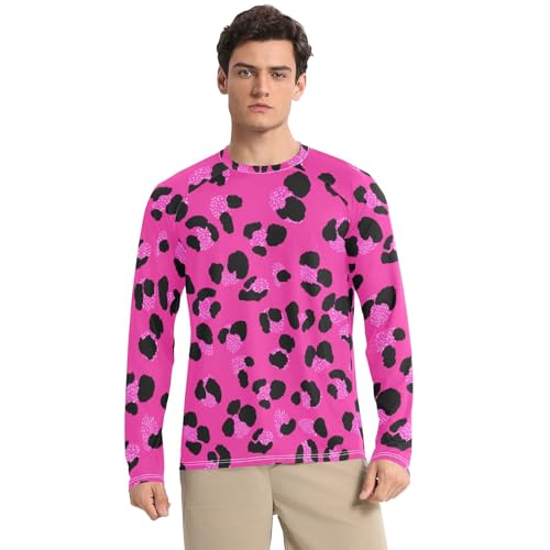 Animal Print Pink Black Leopard Sun Shirts UPF 50+ UV Sun Protection Quick Dry Rash Guard Men Long Sleeve Beach Shirts, Small