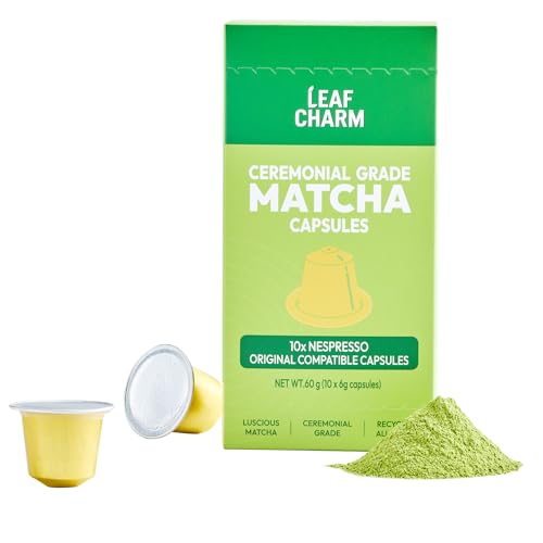 LeafCharm Ceremonial Grade Matcha Pods for Nespresso, Pure & Premium,Compatible with Nespresso Original, 10 Recyclable Capsules