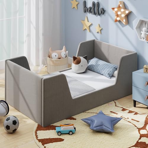 COSTWAY Kids Bed Frame, Soft Velvet Fabric Upholstered Children Floor Bed with Safety Rails & Headboard, Single Toddler Bedroom Furniture for Girl and Boys, No Mattress (Gray)