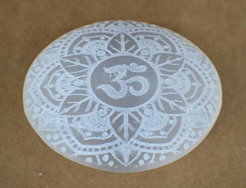 Image of Amazing Gemstone Selenite Palm Stone - OM Engraved Hot Massage Worry Stone for Natural Body Chakra Balancing, Reiki Healing and Crystal Grid