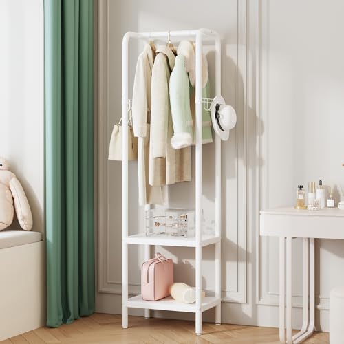 ZHYOCOGY Metal Coat Stand Small Coat Rack with Shelf and Hook Freestanding Clothes Rail for Hallway Bedroom Office Balcony Small Space Entrance (White)
