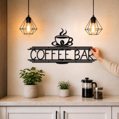 Image of Black Metal Coffee Bar Sign for Wall Coffee Signs for Coffee Station Coffee Wall Decor Coffee Accessories for Coffee Bar Metal Wall Art for Home Kitchen Coffee Bar Office (Elegant Large)
