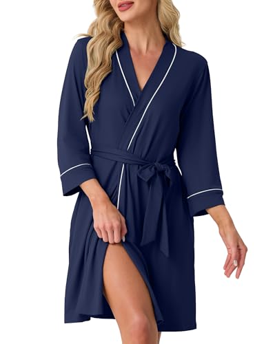 Image of PrinStory Womens Robe Knee Length Soft Knit Bathrobe S-2XL | V-Neck 3 /4 Sleeve Robes with Pockets, Lightweight, Breathable Bath Robe for Shower, Spa, Travel, Home, Party, Nursing