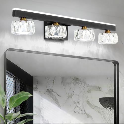 Image of Black Crystal Bathroom Vanity Light Fixtures Over Mirror for Bathroom Lighting (4 Lights)