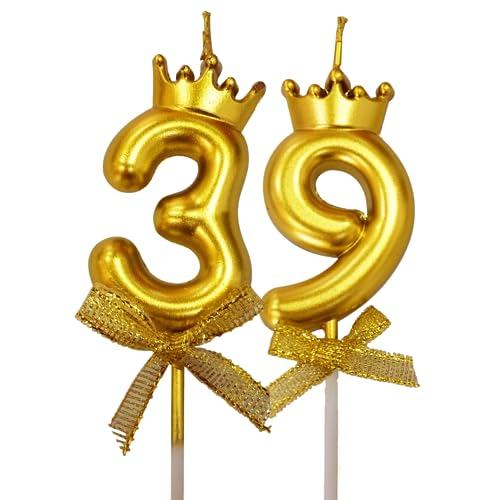 Image of 2 Pc 39 Number Candle for Birthday Cake Metallic 39th Birthday Cake Decoration Thirty Nine Candle with Crown on Top Cake Topper 0-9 Number Candles for Anniversary (Pack of 2, Gold)