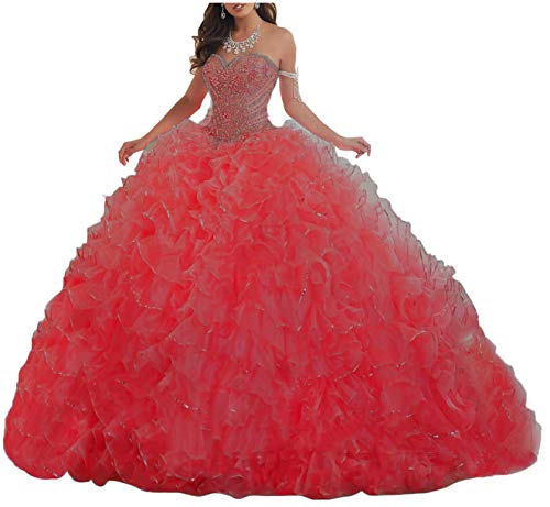 Lovely Romana Women’s Beaded Sweetheart Prom Ball Gown Dresses 2019 Organza Ruffles Skirt Quinceanera Dresses for Sweet 16 Red