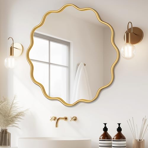 Image of PROHOMEWARE Gold Round Mirror 32 Inch Wavy Bathroom Vanity Mirror Gold Frame Modern Wall Mirror Decorative Wall-Mounte Anti-Rust, Tempered Glass
