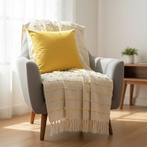 Image of SAJAVAT HOME Soft Cotton 3 Seater Sofa Throw with Cushion Covers | 80x52 Inches / 204x132 Cm | Beige Yellow Throw & Velvet Yellow Cushion 18''x18'' for Sofa, Bed, Chair & Travel | Pack of 1