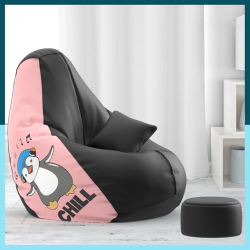 Image of Biggie Bean Bag with Beans Filled 6XL Bean Bag with Free Cushion & Footrest - Official : PatternPouf Combo (Matching Color : Printed, Chill - Black Peach)