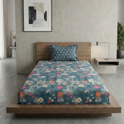 Image of Home Sizzler 210TC Multicolor Floral Print Elastic Fitted Single Bedsheet (72X36 Inch) with 1 Pillow Cover