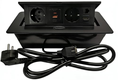 CPROSP Enchufe empotrado retráctil con 2 enchufes USB, USB (A+C), HDMI 2.0 y RJ45, enchufe de mesa retráctil carcasa de aluminio, enchufe de mesa para oficina, mesa de conferencias, cocina