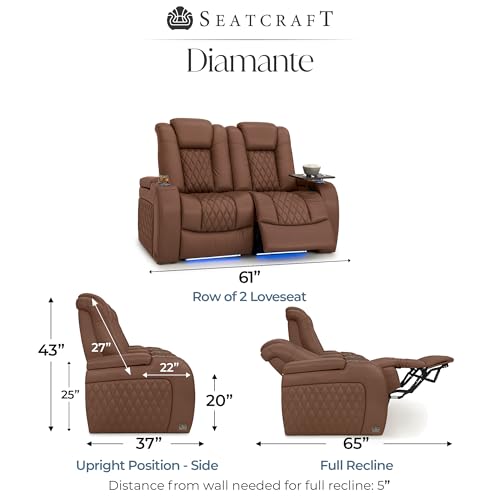 Image of Seatcraft Diamante Tobacco Italian Leather Home Theater Seating, Zero Gravity Power Recliner Gaming and Home Office Chair, Powered Headrest Lounge Sofa Furniture for Cinema Room, Row of 2 Loveseats