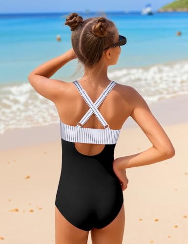 Image of Girl Swimsuit One Piece Cutout Ruched Bathing Suit for Girls Color Block Adjustable Straps Pad Swimwear 9-18y