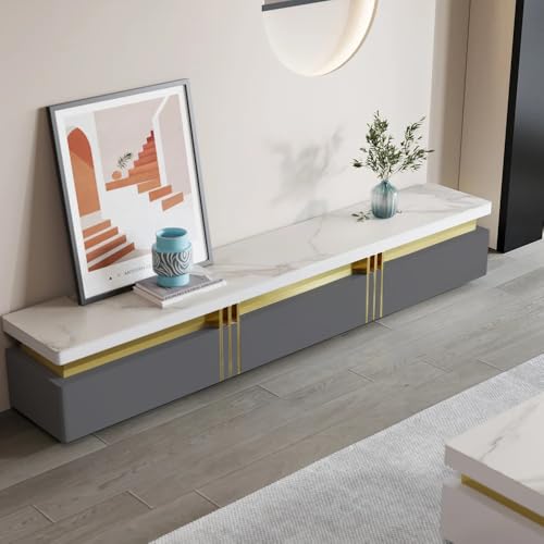 Image of Luxury Joyce Modern TV Unit /Console - 70 inch Naino Compsit Marble Top, 3 Drawer Storage - White & Gold Finish - Scratch Resistant, Waterproof Plywood - Living Room Media Cabinet (Gray)