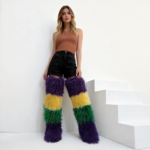 Image of Black Thigh High Fur Boots, Over the Knee Fluffy High Boots, Tall Furry shoes for Women