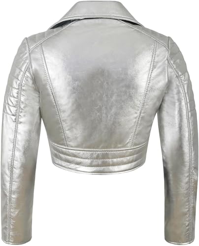 SpazeUp Women's Cropper Leather Jacket - Ladies Short Body Biker Leather Jacket Silver Golden4