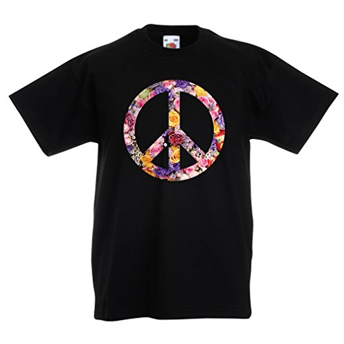 lepni.me Camiseta para Niños Símbolo de la Paz, 1960s 1970s Hippy Festival Hippie Flor del Signo Verano (9-11 años Negro Multicolor)