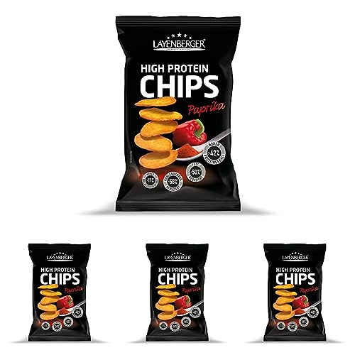 Layenberger High Protein Chips Paprika, satte 43,1{1029dbd757538b57e219259e57eae595cd83c3588c1b70b6f72419891abb681c} Eiweiß und nur 21,2{1029dbd757538b57e219259e57eae595cd83c3588c1b70b6f72419891abb681c} Kohlenhydrate bei nur 2,3 g Zucker, nicht frittiert, (1 x 75 g) (Packung mit 4)