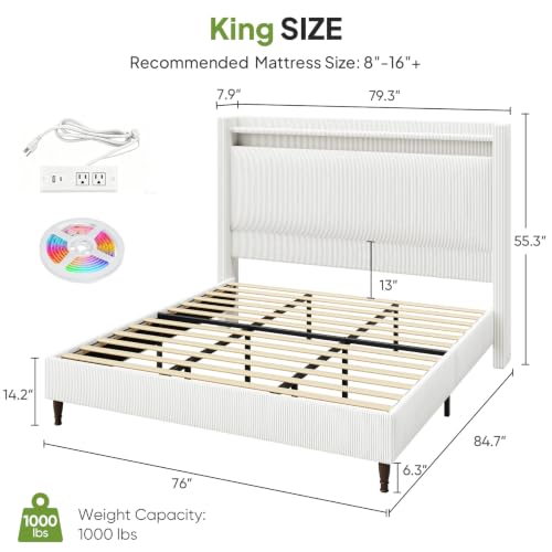 Image of King Size Bed Frame with 55.3 inch Tall Headboard, Corduroy Upholstered, White