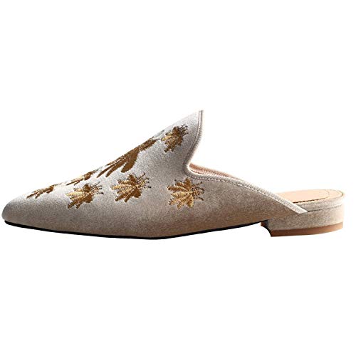 Image of Fericzot Women's Velvet Backless Pointed Toe Slip On Loafers Flats Embroidery Mule Slippers Shoes