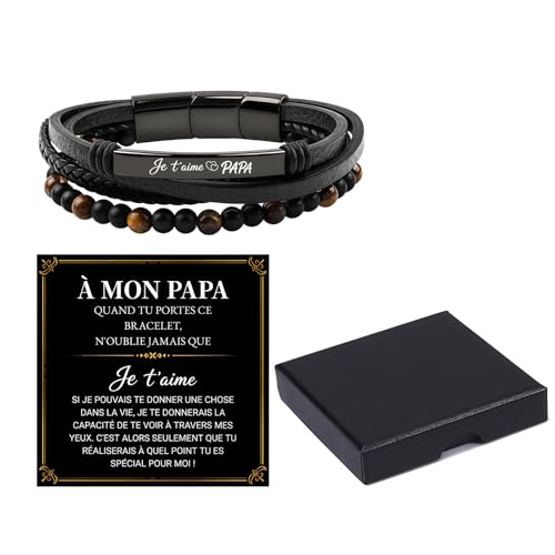AHEZQILU Bracelet homme personnalisé en cuir et œil de tigre avec boîte, cadeau fete des peres inoubliable pour exprimer son amour, magnifique cadeau papa et cadeau anniversaire homme