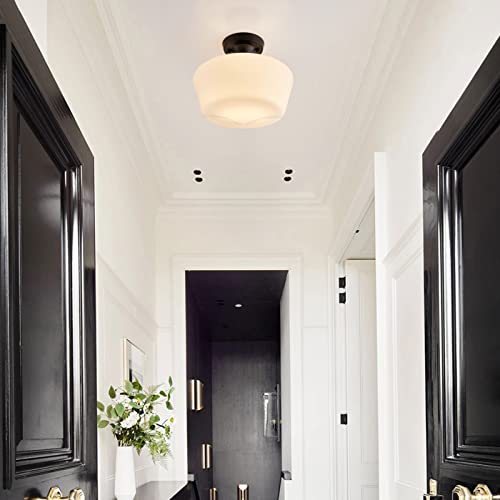 Youngrender Black Schoolhouse Light Fixture, 12" Milk Glass Flush Mount Ceiling Light, Black Semi Flush Mount Ceiling Light For Farmhouse Kitchen Hallway Entryway #TOP2