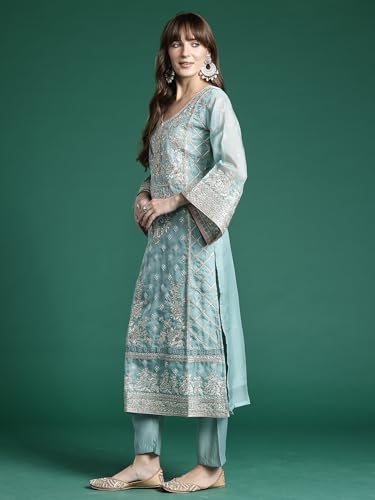 Image of INDO ERA Women's Straight Organza Ethnic Motifs Embroidered Kurta and Pant with Dupatta Set (KH9PH10614)
