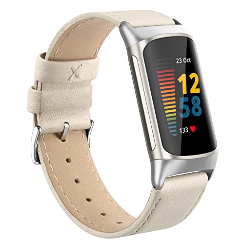 Tuocal Correa de piel compatible con Fitbit Charge 5 correa para mujer hombre, correa de repuesto de piel auténtica suave, correa deportiva transpirable para Fitbit Charge 5, beige Cover