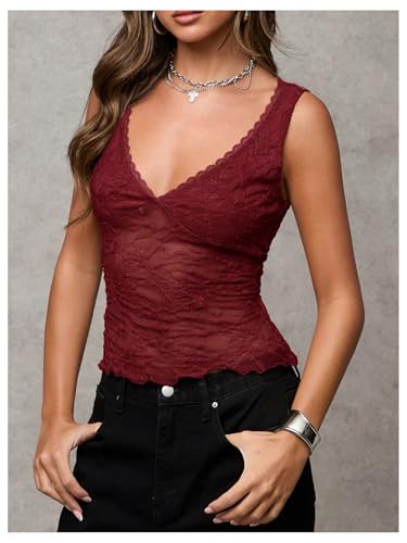 Women's Y2k Lace Tank Top Sleeveless V Neck Going Out Summer Tops Sexy Crop Tops4
