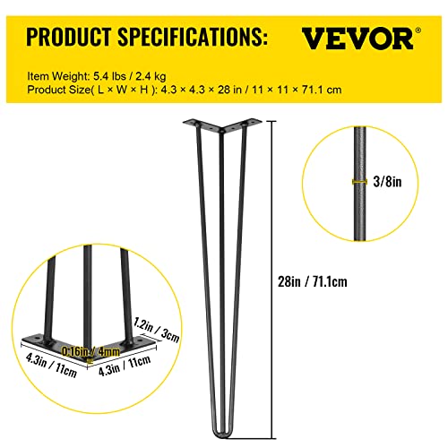 Happybuy Hairpin Table Legs 28" Black Set of 4 Desk Legs 880lbs Load Capacity (Each 220lbs) Hairpin Desk Legs 3 Rods for Bench Desk Dining End Table Chairs Carbon Steel DIY Heavy Duty Furniture Legs