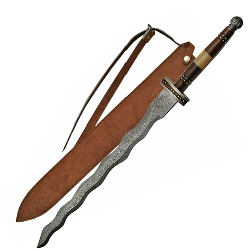 SANZ Damascus Flamberge Sword 33.75' – Real Sword for Adults with 23.5' Hand-Forged Damascus Steel...