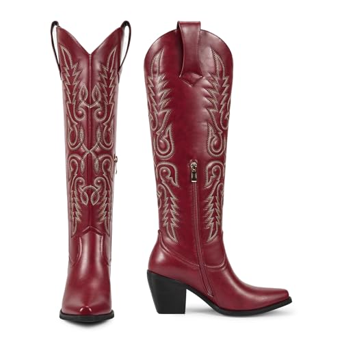 Image of wetkiss Women's Pointed Toe Cowboy Boots | Knee High Cowgirl Boots, Retro Embroidery, Chunky Heel, Pull-On, Style for a Classic Western Look,Stable and Comfortable