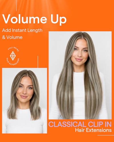 Image of Full Shine Clip in Extension Ash Blonde Highlight Light Blonde, 18 Inch | Hair Extensions Real Human Hair, Straight Natural Hair Extensions Clip ins, Double Weft, Add Thickness, 7 Pcs 120g