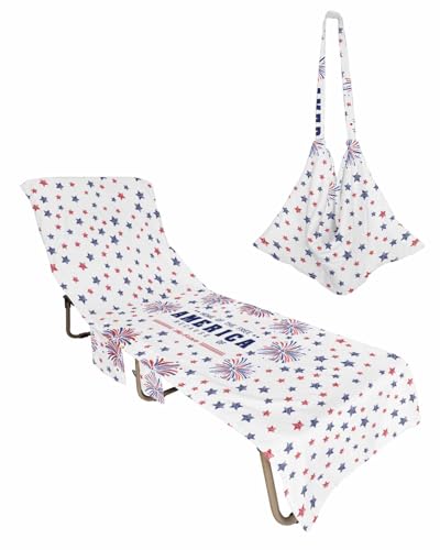 4th of July Beach Lounge Chair Towel Cover, Soft Chaise Lounge Towel with Side Pockets Patio Pool Chairs Cover for Beach/Pool Sunbathing 29x85 Watercolor Blue Red Star Fireworks