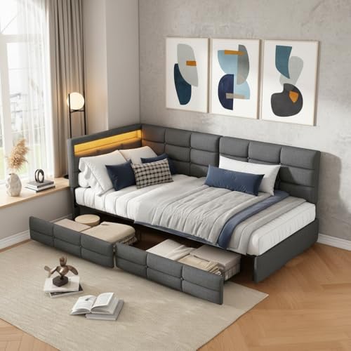 RXMORI Cama individual de 90 x 200 cm tapizada