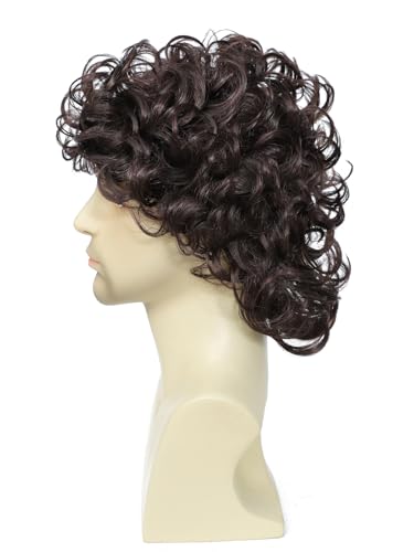 Image of Short Feather Hair Wig for Men, 70s /80s Retro Costume Wig with Glasses, Ideal for Halloween Cosplay & Themed Events(Dark Brown)