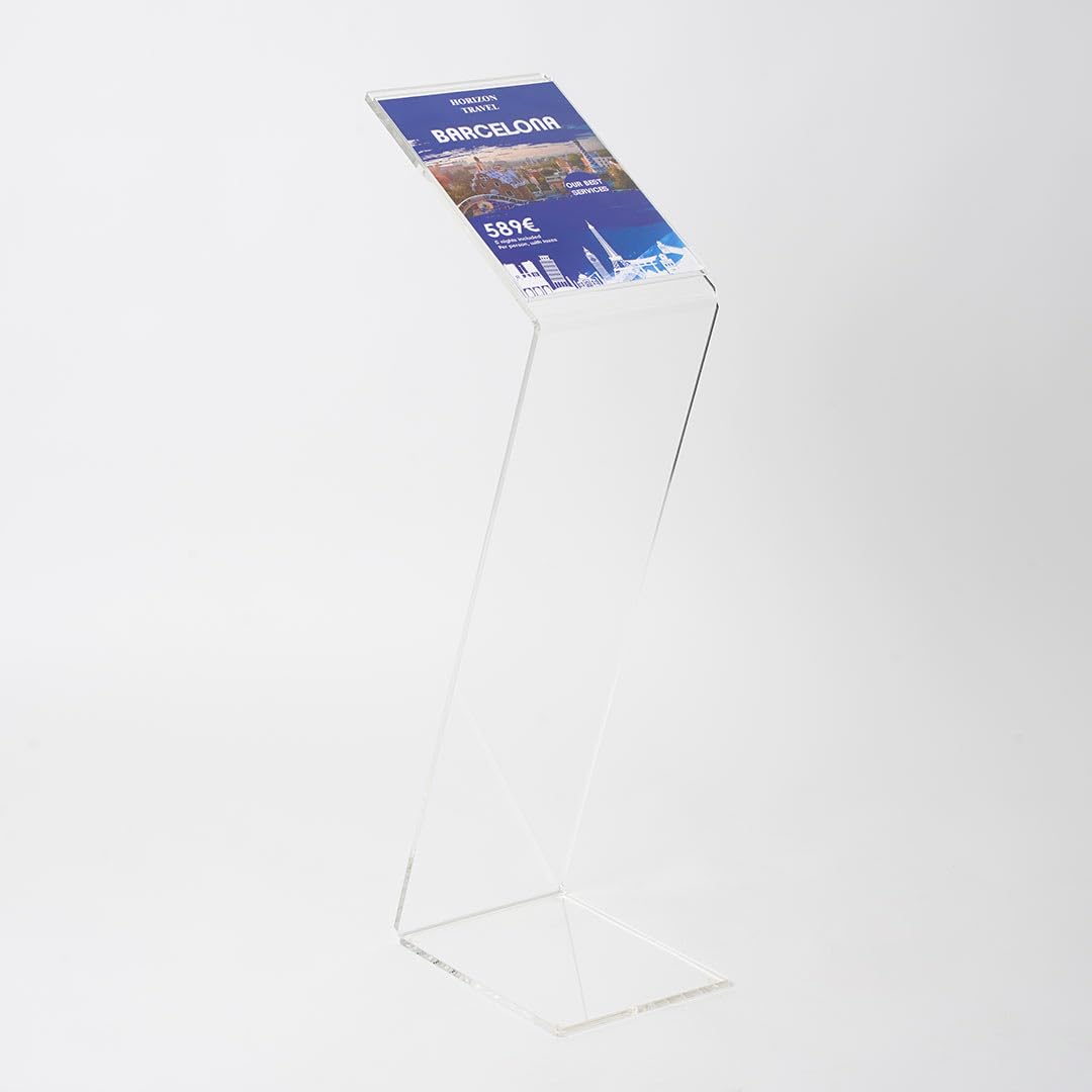 Danieli - Espositore a Leggio da Pavimento in Acrilico Trasparente -Base a Z - Tasca Porta Comunicazioni o Porta Menu A4 (Slim)